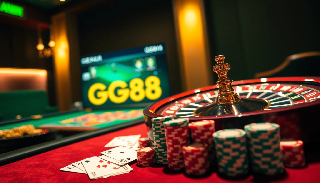 Thrilling gambling scene featuring GG88, roulette wheel, and poker chips.