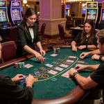 Play dynamic blackjack at FLY88 casino with engaging players and soft ambient lighting.