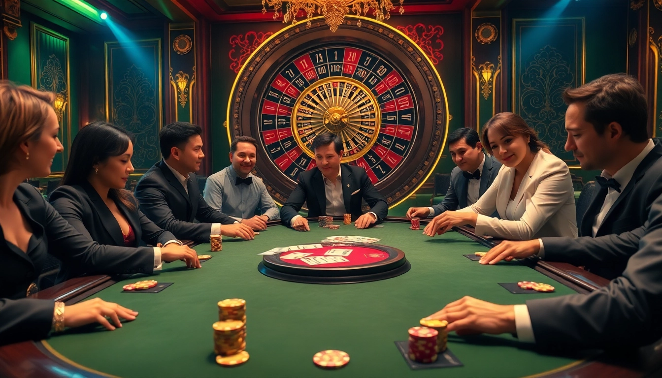 Players at a poker table strategizing their next move at https://ga888v.net/ among luxurious casino elements.