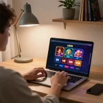 Engaged user playing U888 online casino games on a laptop in a cozy home office setting.