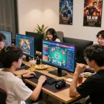 Engaged gamers enjoying b52club card games in a vibrant living room setting.
