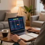Engaging in online gambling on KU88 PRO in a cozy home setup with strategic notes.