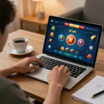 Engaged in tài xỉu online gameplay, player calculates bets in a cozy home setup.