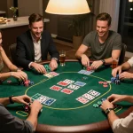 Engaged friends play Texas Hold'em during a home poker night, capturing social gambling excitement at https://Zbetat.com/.