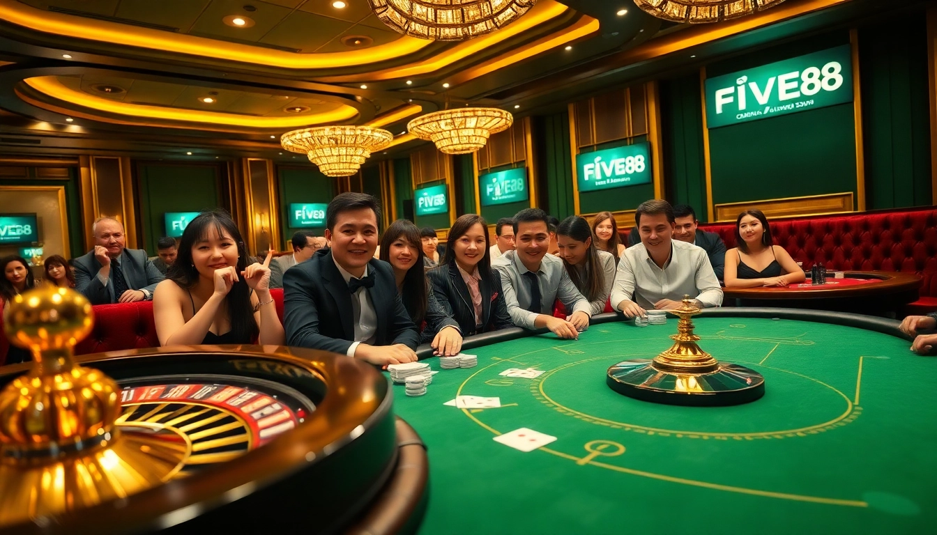 Experience the excitement of gambling at FIVE88 with players engaged in a high-stakes poker game.