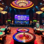 Kết quả xổ số displayed prominently at an upscale casino setting with roulette and poker tables.