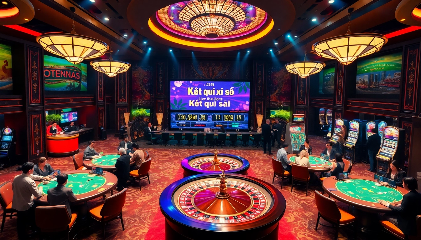 Kết quả xổ số displayed prominently at an upscale casino setting with roulette and poker tables.
