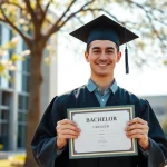 A proud graduate holding a bachelor urkunde surrounded by a vibrant university setting, celebrating academic success.