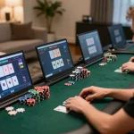 Players strategize in an online poker game on tg88, showcasing immersive betting action and stylish gaming setups