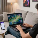 Experience the thrill of online gaming with link rikvip mới nhất on your laptop, in a cozy gaming setup