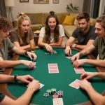 Friends enjoying a thrilling poker night at home while using tx88 strategies for winning bets.