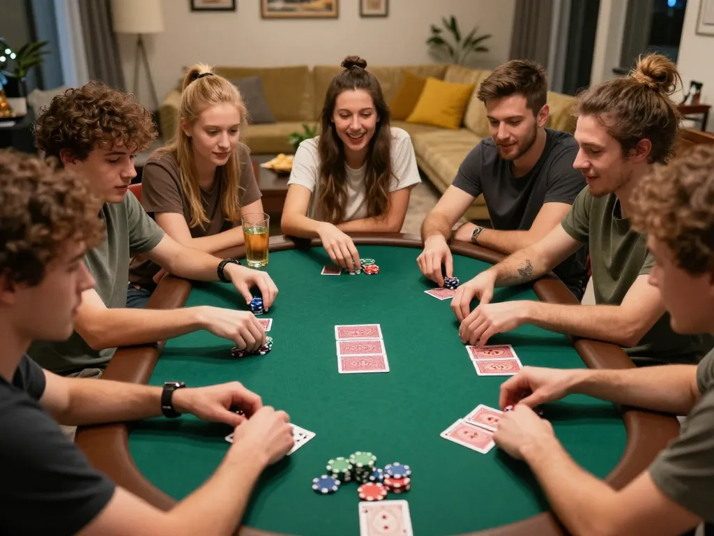 Friends enjoying a thrilling poker night at home while using tx88 strategies for winning bets.