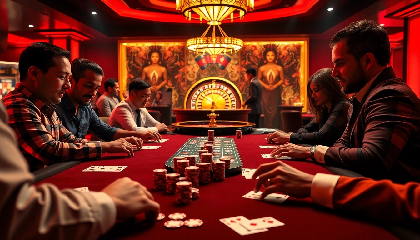 Exciting poker game with high-stakes at bj66, showcasing vibrant chips and cards.