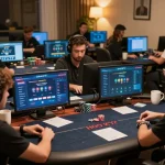 DABET HOA KỲ players engaged in online poker strategy and gameplay during a cozy home session