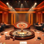 Gambling excitement at km88 casino with vibrant roulette and poker tables filled with players.