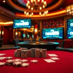 Experience the excitement of new888 with a luxurious poker table and vibrant casino atmosphere.
