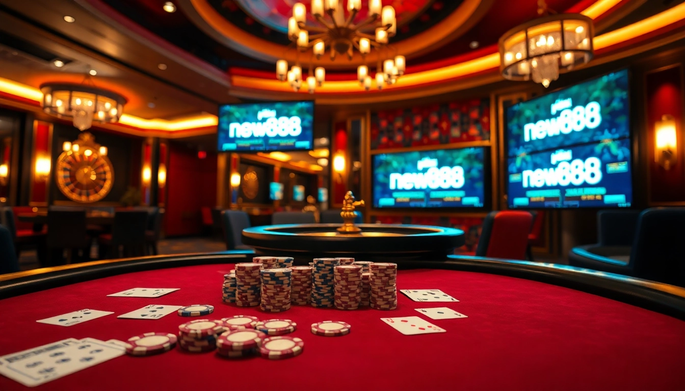 Experience the excitement of new888 with a luxurious poker table and vibrant casino atmosphere.