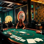 Engaged players at an Okfun casino table, showcasing poker chips and a vibrant roulette wheel.
