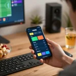 Engaged user checking VIN88 WIN betting app on smartphone during thrilling sports betting session at home.