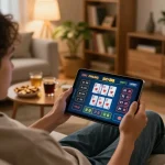 Person playing at SKY88 online casino on tablet from cozy home setting with snacks and notes