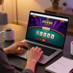 Engaging with the FIVE88 online casino platform, a player strategizes during a live game, showcasing the thrill of virtual gambling.