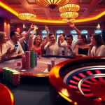 Exciting km88 casino scene with poker players, colorful chips, and a spinning roulette wheel.