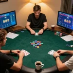 Exciting online poker game featuring players engaging with w 88, colorful screens displaying game statistics, and a cozy home setting.