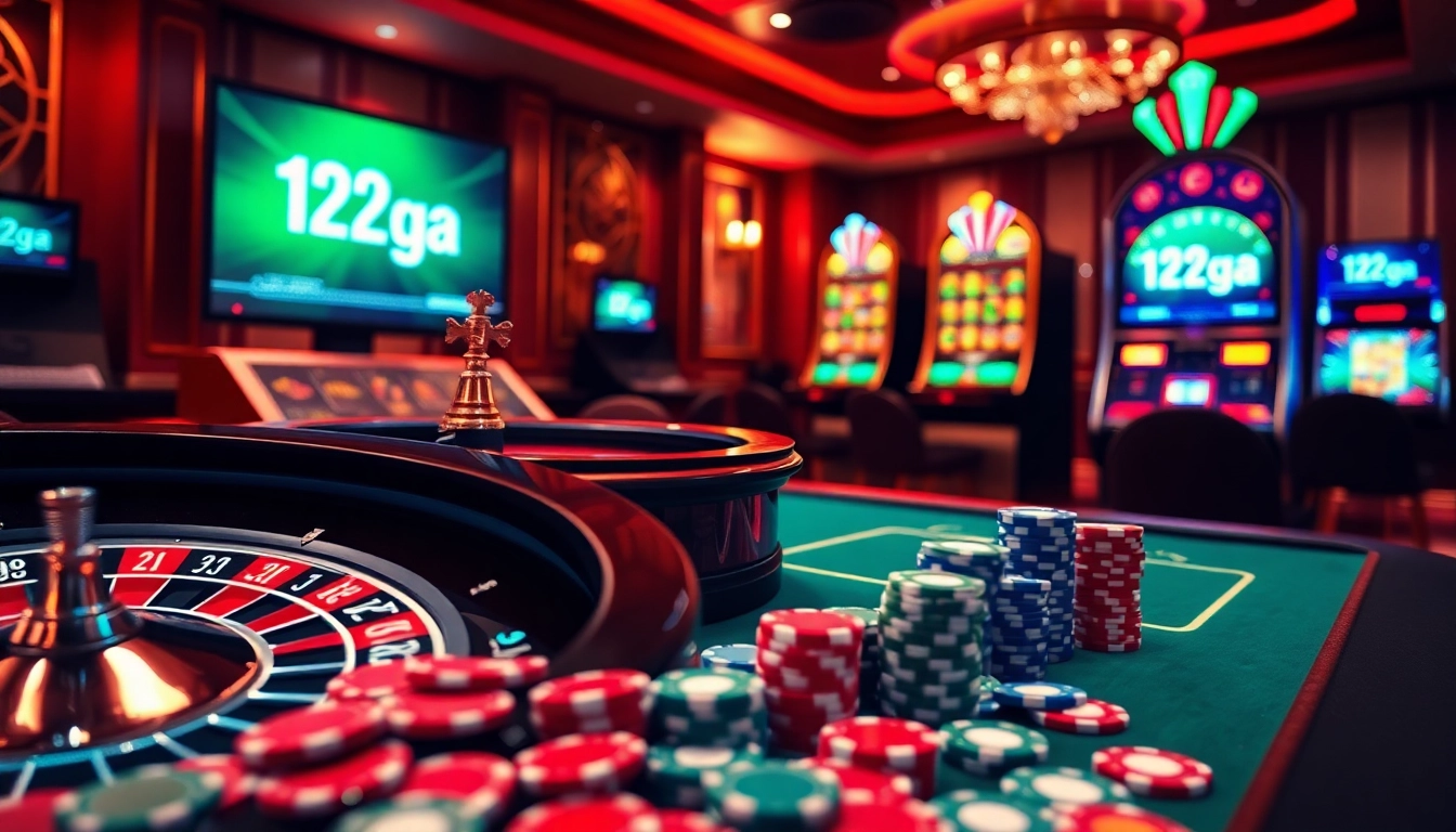 A thrilling online gaming scene featuring 123ga with poker chips and bright slot machines.