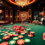 A vibrant casino scene from https://rr99.uk.com/ showcasing a poker table with colorful chips, an active roulette wheel, and exciting players.
