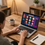 Player using laptop for online gambling at lucky88mobi, showcasing vibrant gaming interface and betting strategies.
