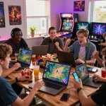 Group of friends enjoying iWinclub games together in a lively gaming room.