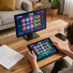 F168 user engaging with online casino games on a tablet in a cozy living room.