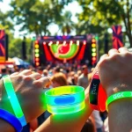 Bunte Event-Armbänder (Einlassbändchen), präsentiert auf einem lebhaften Open-Air-Festival, die ihr Design und ihre Textur hervorheben.