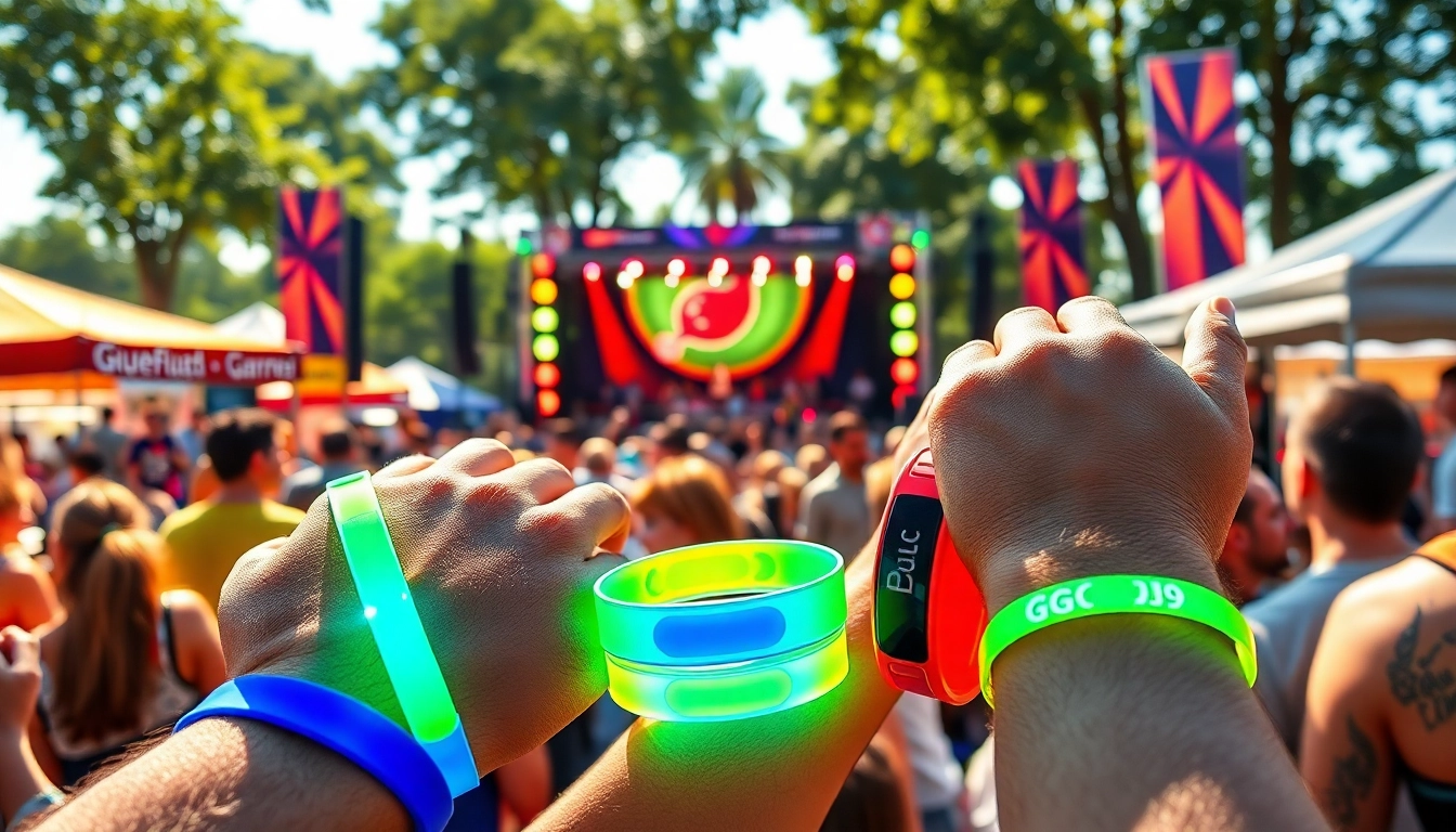 Bunte Event-Armbänder (Einlassbändchen), präsentiert auf einem lebhaften Open-Air-Festival, die ihr Design und ihre Textur hervorheben.