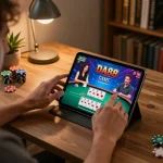 Player enjoying DA88 GAME on a tablet, showcasing a vibrant poker table interface at home with cozy ambiance.