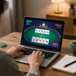 Xo88 player strategizing in a cozy home environment with poker game displayed.