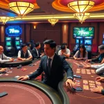 Engaged players enjoying a lively game at 78Win online casino, illuminated by vibrant lights and slot machines.