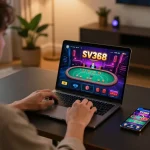 Player enjoying the SV368 app on a laptop, showcasing engaging casino graphics and a vibrant home setting