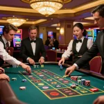 Players engaging with the thrilling roulette game at a luxurious casino, highlighting the excitement of DA88 gambling.