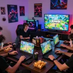 Engaging gaming night with friends, featuring Bomwin game logo and vibrant graphics.