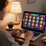 Player enjoying online casino gaming on debet67.com with a laptop, showcasing thrilling slot gameplay.