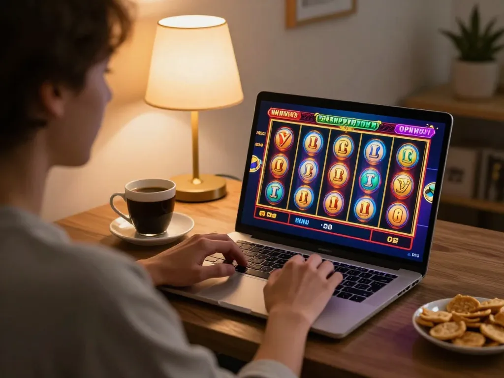 Player enjoying online casino gaming on debet67.com with a laptop, showcasing thrilling slot gameplay.