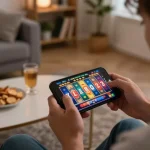 Engaging gameplay on 789 win mobile app, highlighting exciting slot reel spins in cozy home setting.