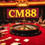 Gambling excitement at a casino showcasing CM88 on a digital display amidst poker chips and cards.
