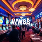 WW88 vibrant casino scene with players enjoying baccarat and slot machines.