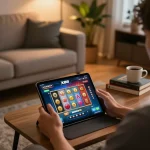 X88 game enthusiast engaging in online slots on a tablet in a cozy living room setting.
