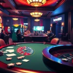 Engaged players at a KM88 poker table in a luxurious casino environment filled with excitement.