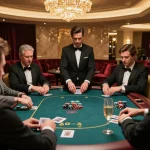 Lode88vi players engage in high-stakes a poker game in an opulent VIP casino room.