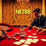 NET88 online gaming table with poker chips and playing cards, showcasing a vibrant atmosphere.