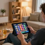 Experience exciting gameplay on Lucky88 slots in a cozy home environment with vibrant colors.